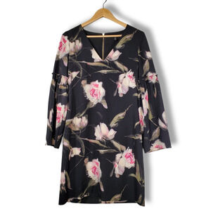 White House Black Market Long Sleeve Floral Bell Sleeve Dress Black Pink Size 2